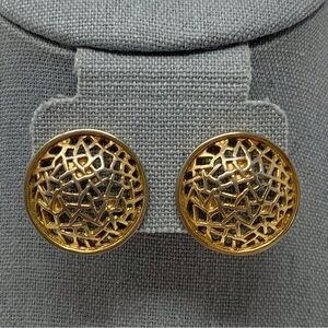Vintage Mosaic Circle Dome Stud Earrings Gold Toned
